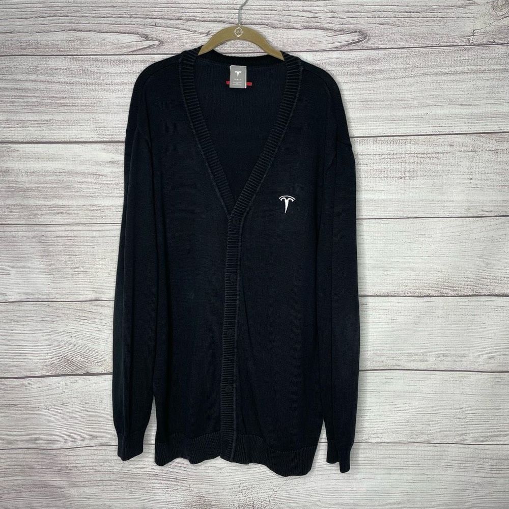 Tesla Men’s Black Embroidered Logo Button-Up Cardigan Sweater Size XL